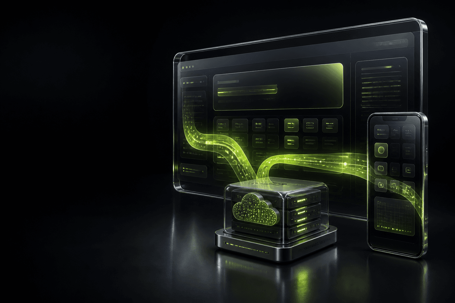 Connected web, mobile, and backend product system in smoked glass and chrome