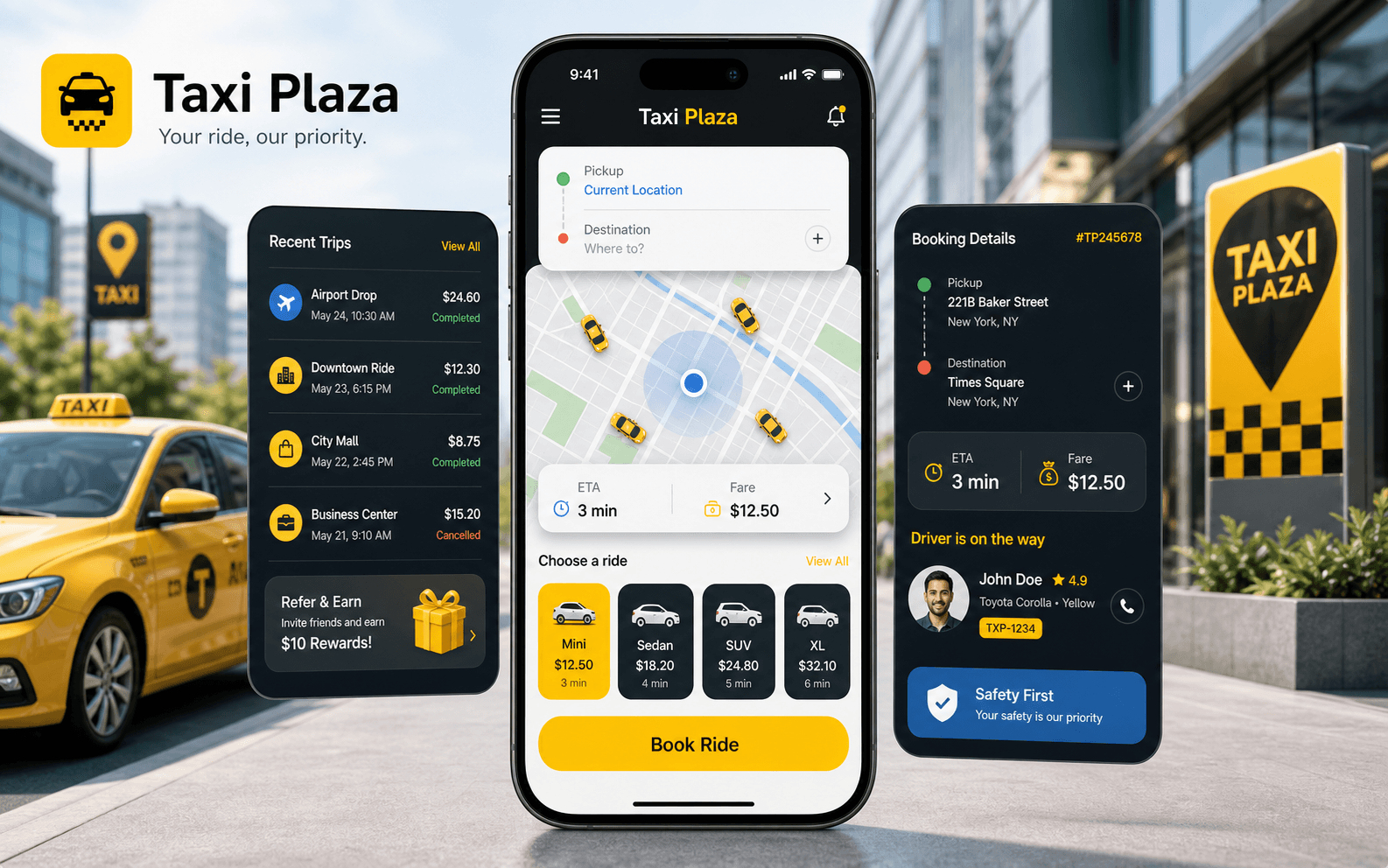 Taxi Plaza passenger booking and ride tracking screens