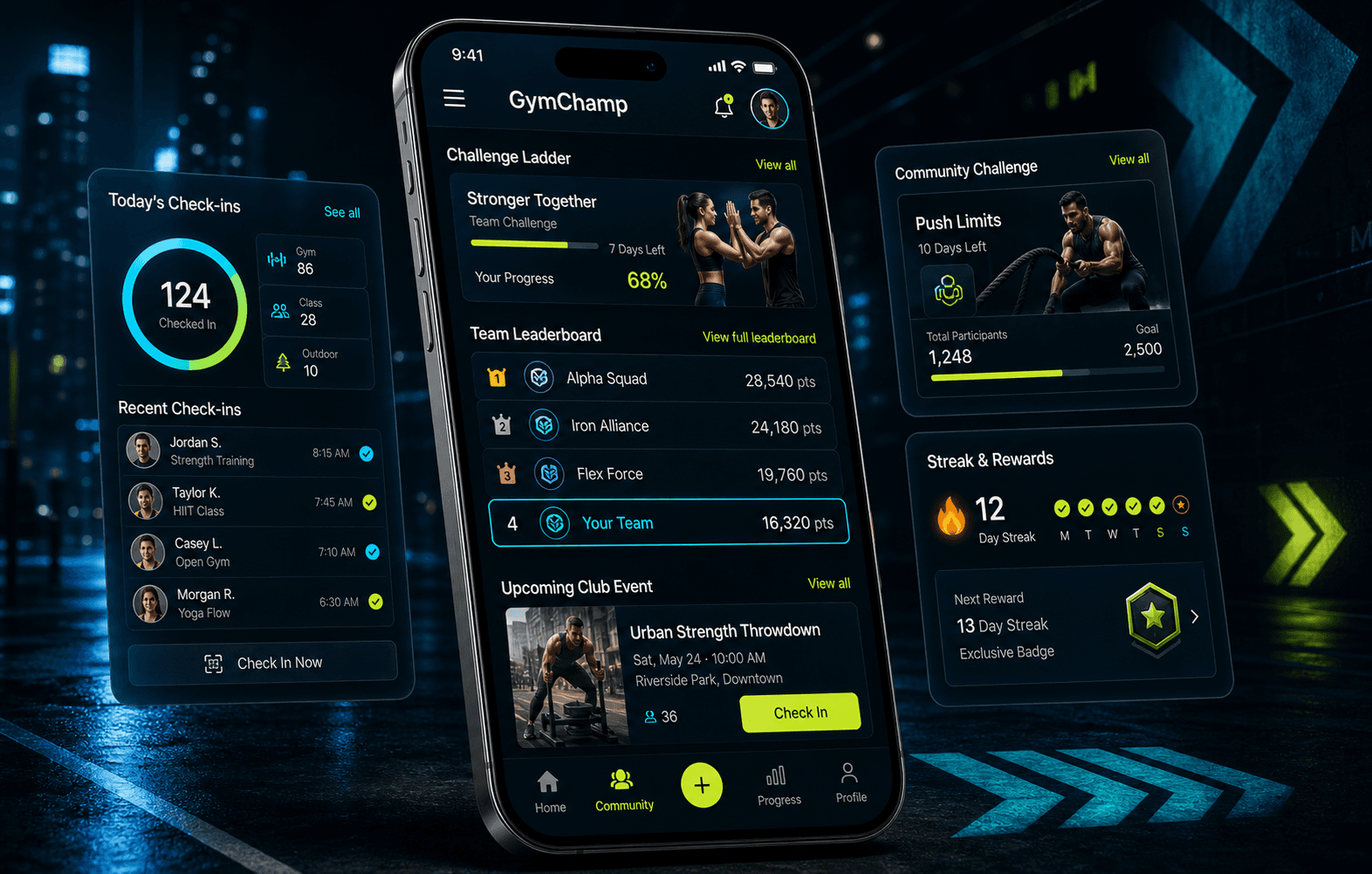 GymChamp member community and fitness engagement screens