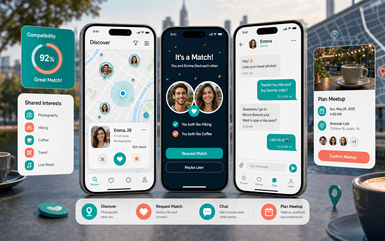 MatchMap messaging and meetup planning interfaces